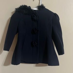 Rothschild Baby Coat- navy blue fur lined w rosette detail